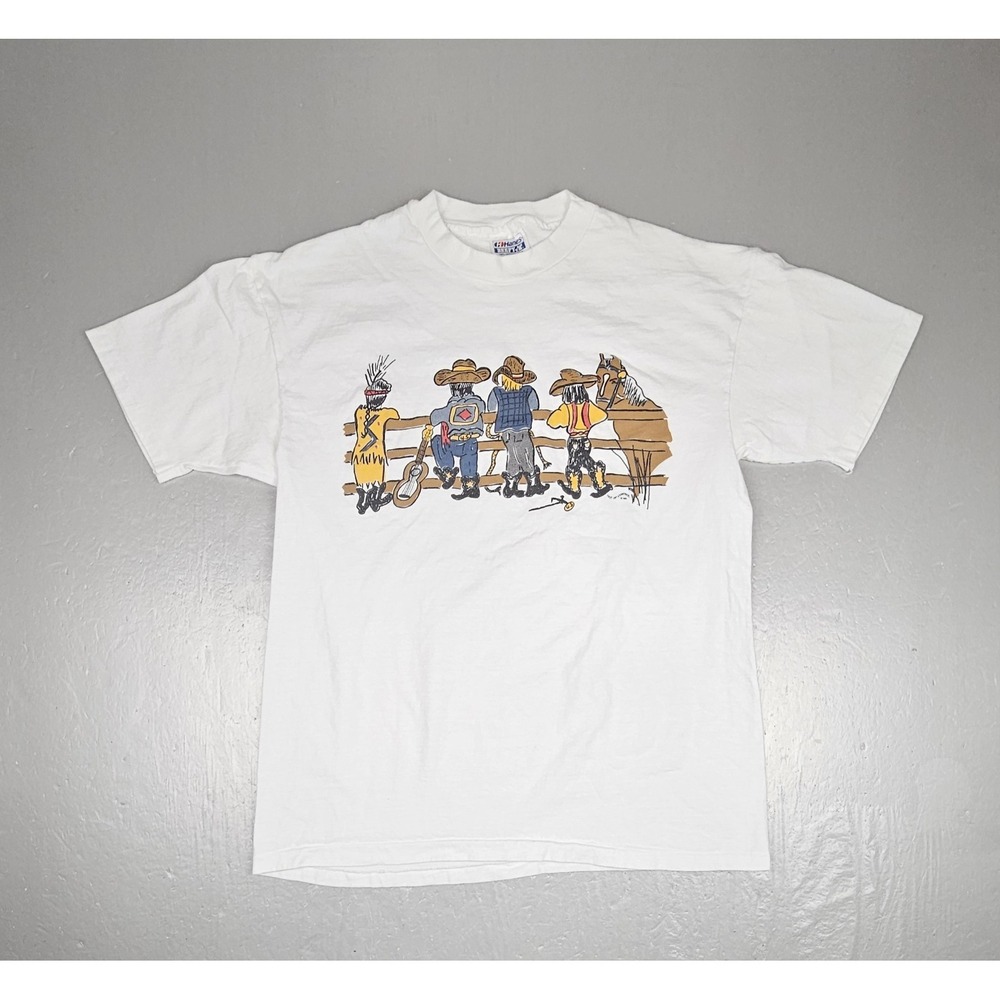 Vintage 1991 Out Of Control T-Shirt Mens XL‎ Cowboys Indians White Single Stitch
